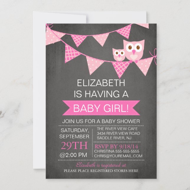 Invitación Baby Shower, CHICA de búho Bunting de Chalkboard m (Anverso)