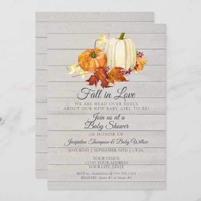 Invitación Baby Shower Chica de calabaza de madera grisácea R (Anverso / Reverso)