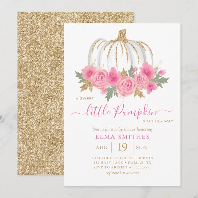 Invitación Baby Shower Chica de calabaza floral de oro rosa R (Anverso / Reverso)