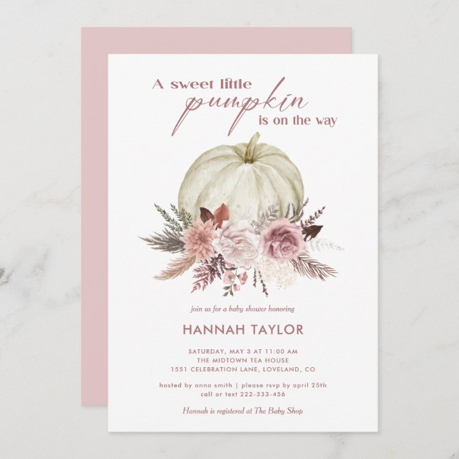 Invitación Baby Shower Chica de calabaza floral rosa (Anverso / Reverso)