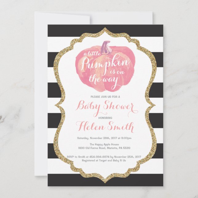 Invitación Baby Shower, Chica de calabaza rosa negra y dorada (Anverso)