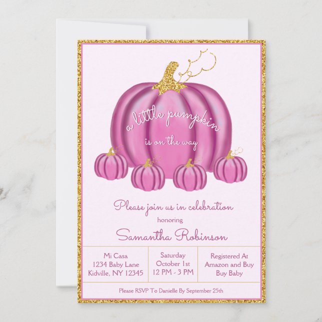 Invitación Baby Shower Chica de calabaza rosa y dorada otoño (Anverso)