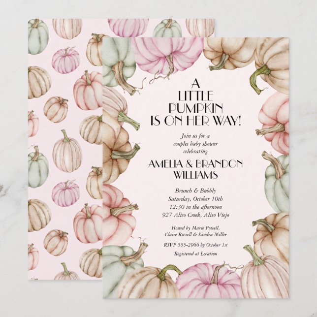Invitación Baby Shower Chica de calabazas rosadas (Anverso / Reverso)