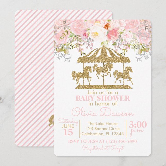 Invitación Baby Shower Chica de carrusel con flores rosadas y (Anverso / Reverso)