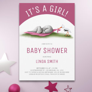 Invitación Baby Shower Chica de cigüeñas elefantes cutáneos