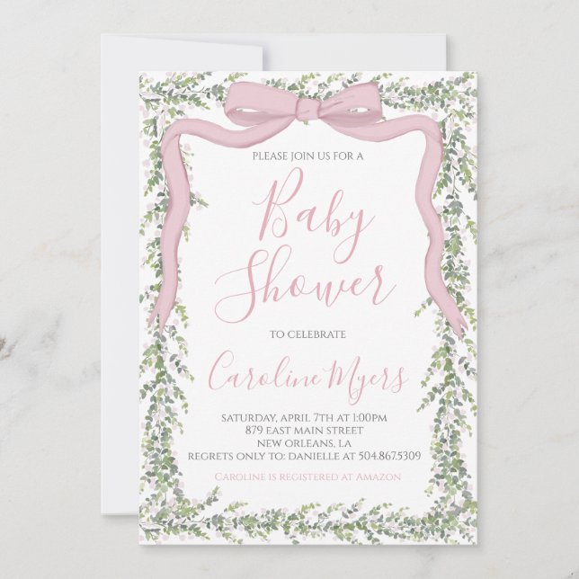 Invitación Baby Shower Chica de cinta de cinta rosada Preppy  (Anverso)
