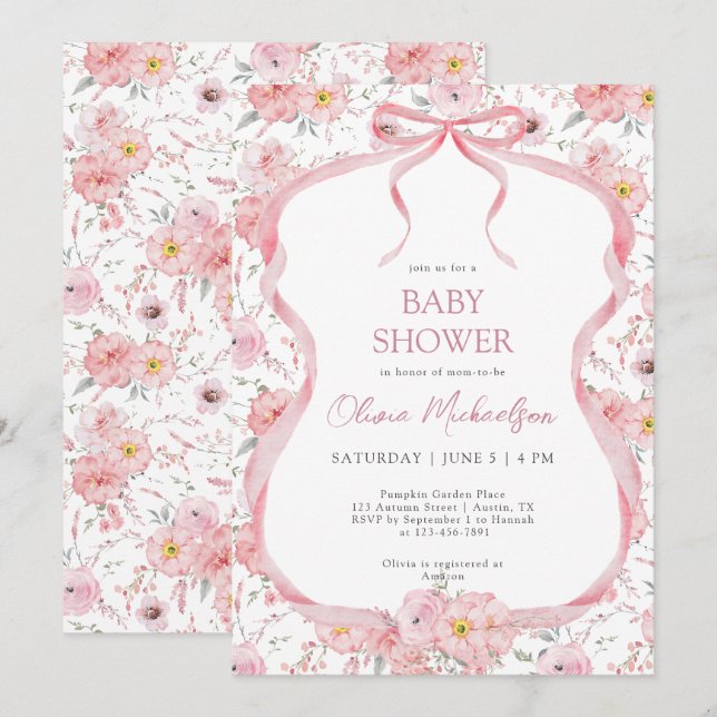 Invitación Baby Shower Chica de cinta floral rosa de Coquette (Anverso / Reverso)
