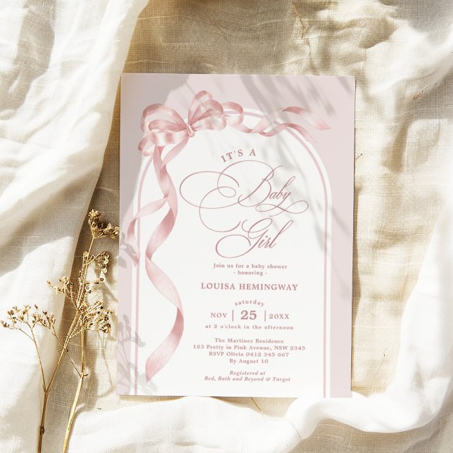 Invitación Baby Shower Chica de cinta rosada Coquette Bow (Subido por el creador)