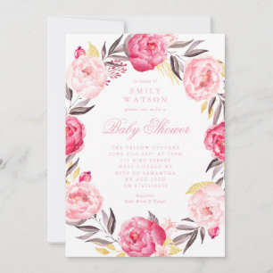 Invitación Baby Shower Chica de color de agua de flores rosad