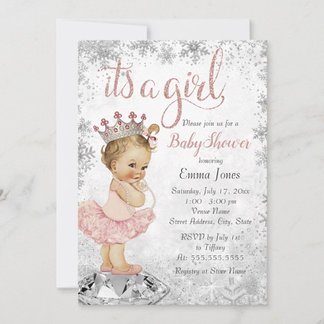Invitación Baby Shower, Chica de copos de nieve Princesa de P (Anverso)