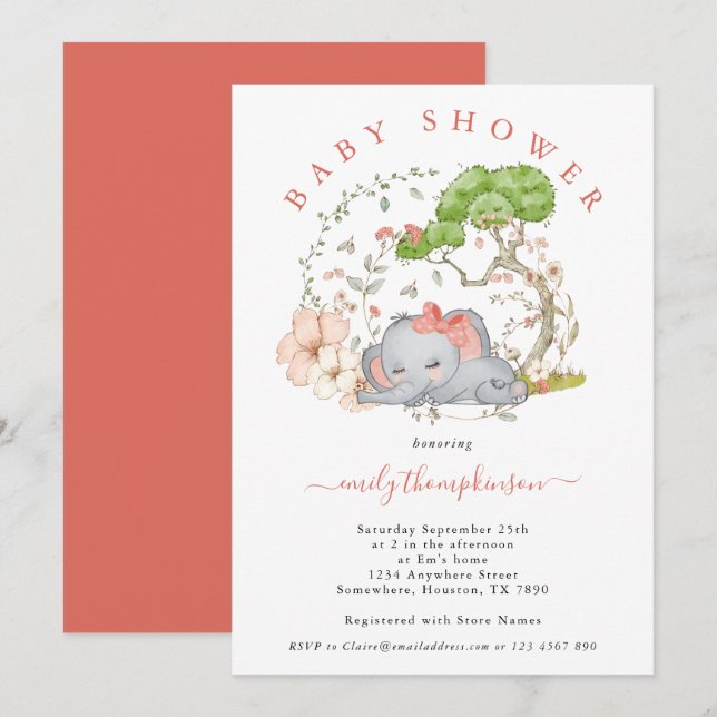 Invitación Baby Shower Chica de Coral de la Selva Elefante In (Anverso / Reverso)
