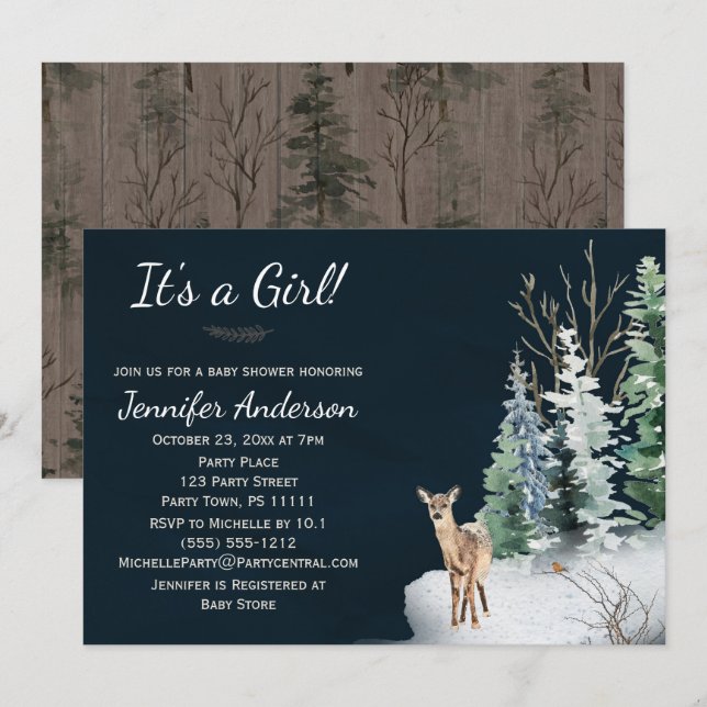 Invitación Baby Shower Chica de Deer Woodland Winter Forest (Anverso / Reverso)