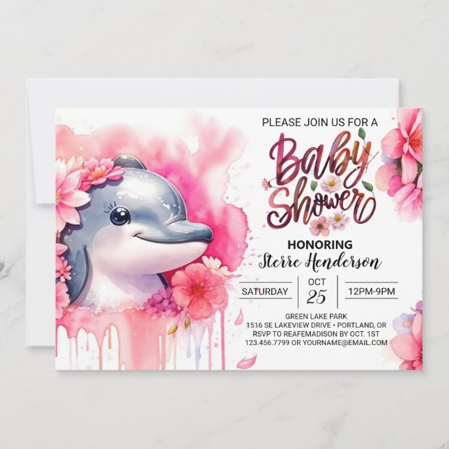 Invitación Baby Shower, Chica de delfines capilares subacuáti (Anverso)