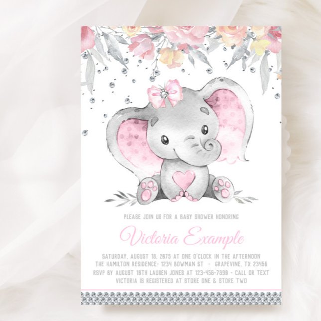 Invitación Baby Shower Chica de diamantes florales de Elefant (Sweet baby girl elephant baby shower invitation. Instant download and printed invitations available.)