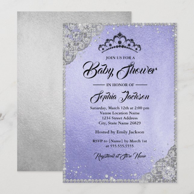 Invitación Baby Shower Chica de Diamond Lace Purple Silver (Anverso / Reverso)