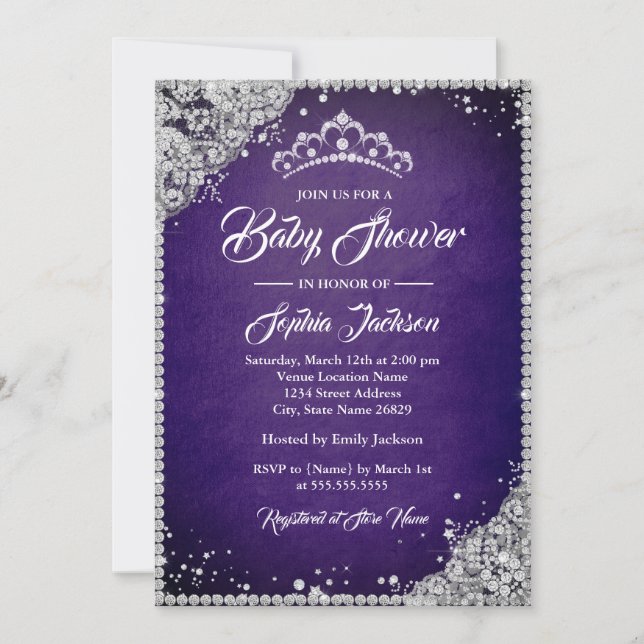 Invitación Baby Shower Chica de Diamond Lace Purple Silver (Anverso)