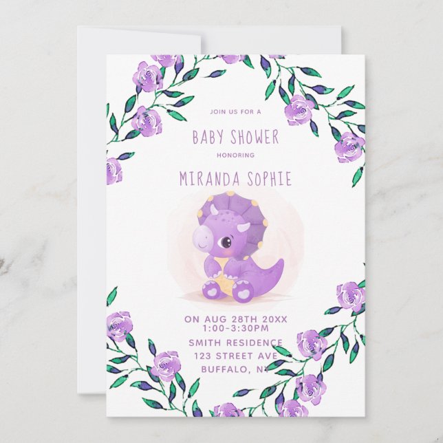 Invitación Baby Shower Chica de Dinosaurios Cute Purple (Anverso)
