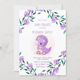 Invitación Baby Shower Chica de Dinosaurios Cute Purple
