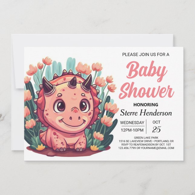 Invitación Baby Shower Chica de dinosaurios de acuarela bohem (Anverso)