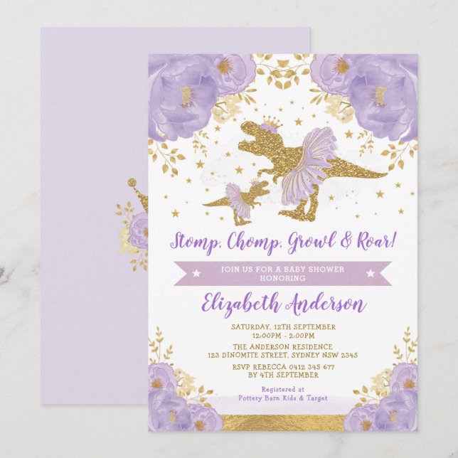 Invitación Baby Shower Chica de Dinosaurios Florales Lavender (Anverso / Reverso)