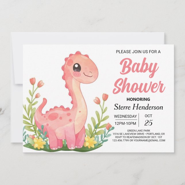 Invitación Baby Shower Chica de dinosaurios imprimible rosado (Anverso)