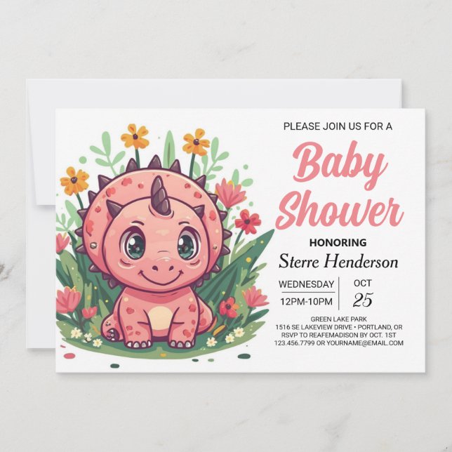 Invitación Baby Shower Chica de dinosaurios rosados (Anverso)
