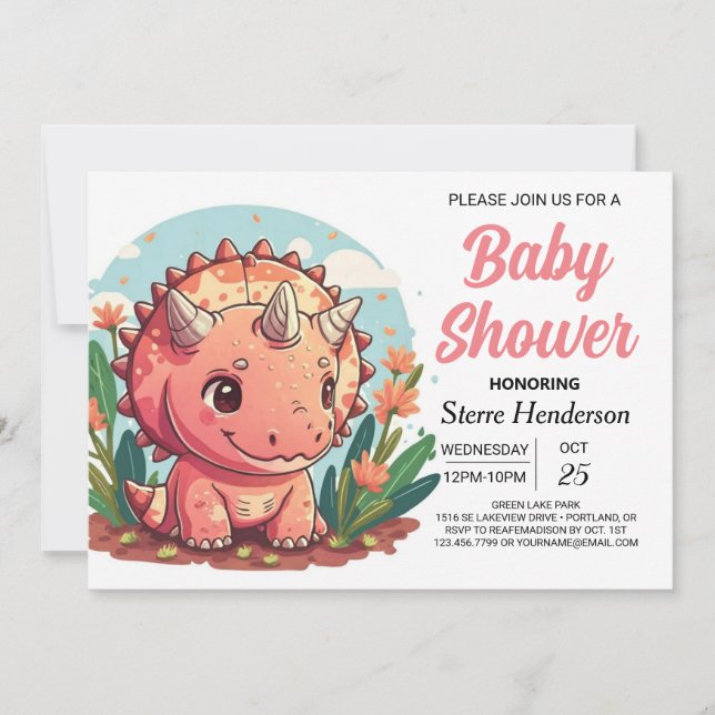Invitación Baby Shower Chica de dinosaurios rosados (Anverso)