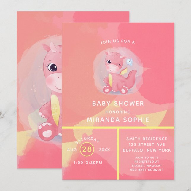 Invitación Baby Shower Chica de dinosaurios rosados y amarill (Anverso / Reverso)