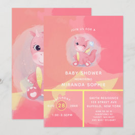 Invitación Baby Shower Chica de dinosaurios rosados y amarill