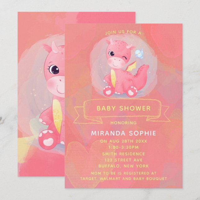 Invitación Baby Shower Chica de dinosaurios rosados y amarill (Anverso / Reverso)
