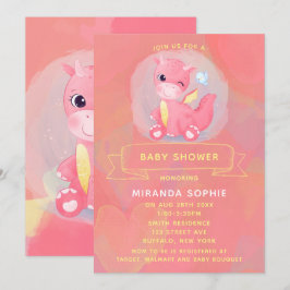 Invitación Baby Shower Chica de dinosaurios rosados y amarill