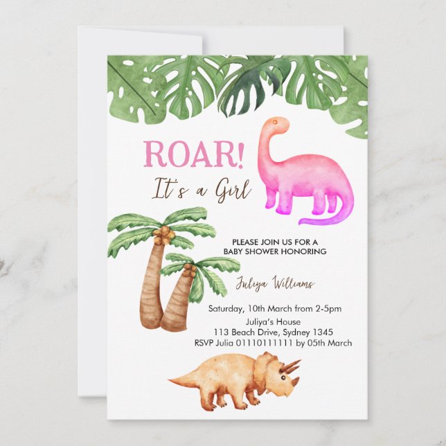 Invitación Baby Shower chica de dinosaurios tropicales (Anverso)