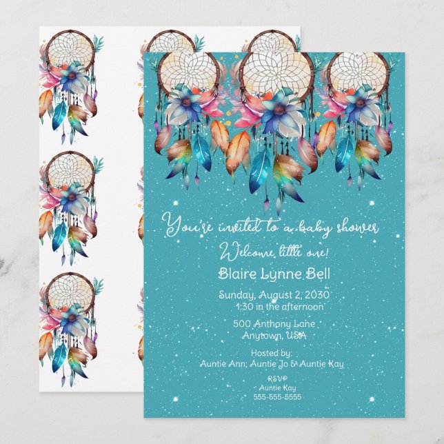 Invitación Baby Shower Chica de Dreamcatcher turquesa y rosa (Anverso / Reverso)