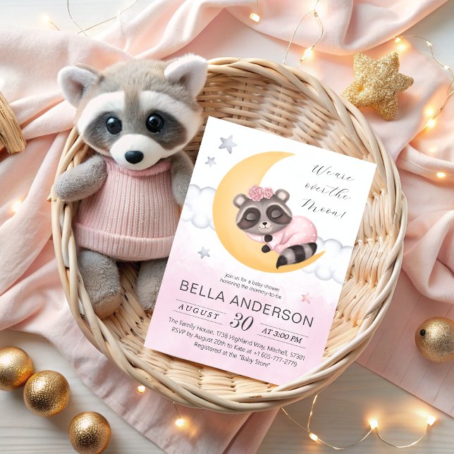 Invitación Baby Shower Chica de Dreamy Over the Moon Raccoon (Dreamy Over the Moon Raccoon Girl Baby Shower Invitation)