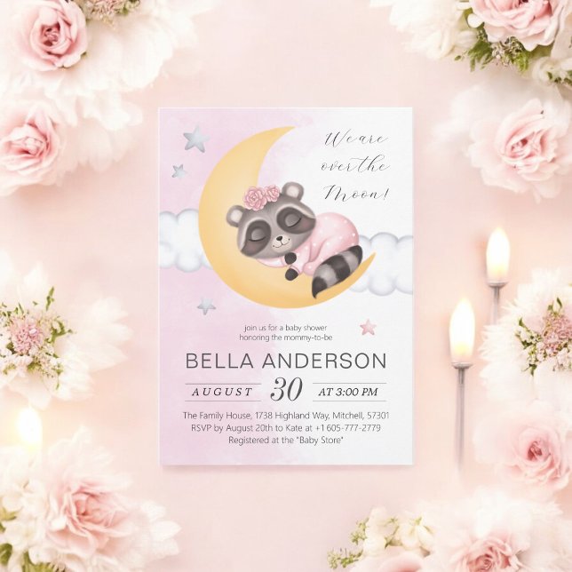 Invitación Baby Shower Chica de Dreamy Over the Moon Raccoon (Dreamy Over the Moon Raccoon Girl Baby Shower Invitation)