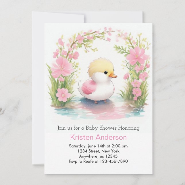 Invitación Baby Shower Chica de Duckling Rosado de Flor Silve (Anverso)