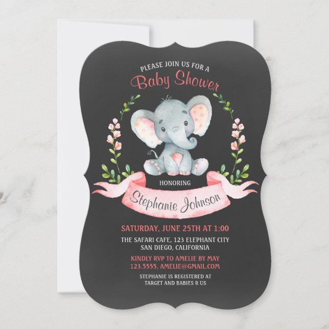 Invitación Baby Shower Chica de elefante acuático Chalkboard (Anverso)