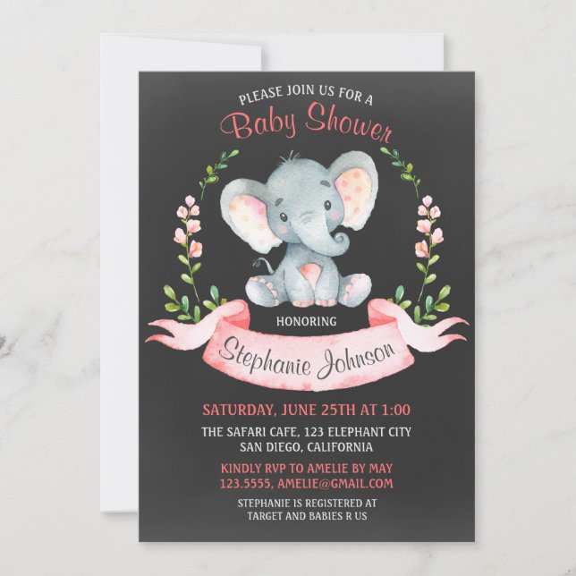 Invitación Baby Shower Chica de elefante acuático Chalkboard (Anverso)