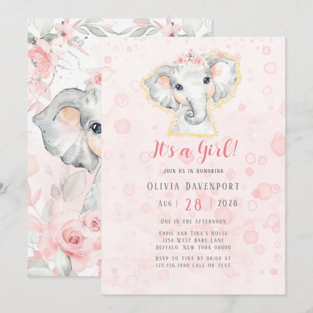 Invitación Baby Shower Chica de Elefante de Agua Rosa y Gris (Anverso / Reverso)