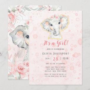 Invitación Baby Shower Chica de Elefante de Agua Rosa y Gris