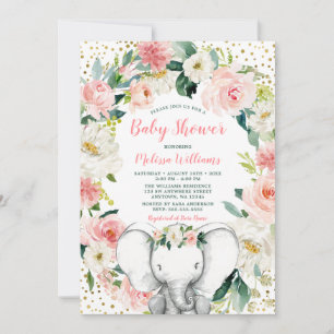 Invitación Baby Shower Chica de Elefante Floral de Oro Rosa