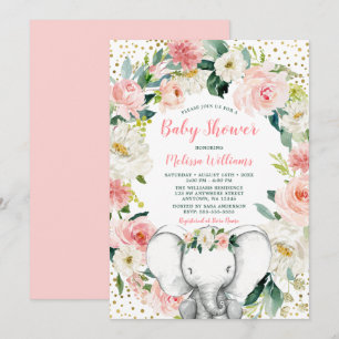 Invitación Baby Shower Chica de Elefante Floral de Oro Rosa
