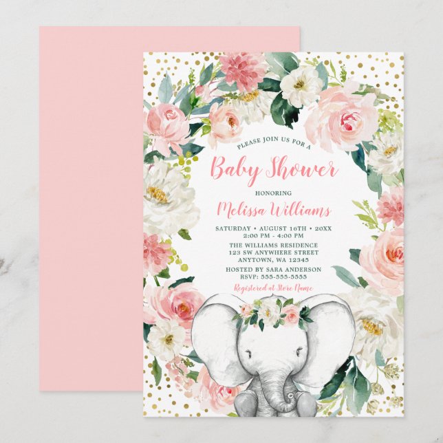 Invitación Baby Shower Chica de Elefante Floral de Oro Rosa (Anverso / Reverso)