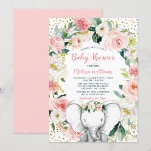 Invitación Baby Shower Chica de elefante floral dorado rosado