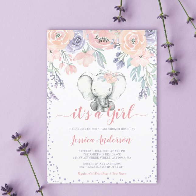 Invitación Baby Shower Chica de Elefante Floral Púrpura Rosa (Subido por el creador)