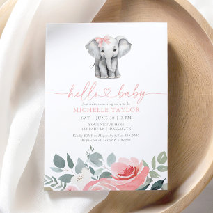 Invitación Baby Shower Chica de Elefante Floral Rosa