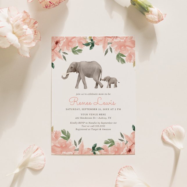 Invitación Baby Shower Chica de Elefante Floral Rosa (Subido por el creador)