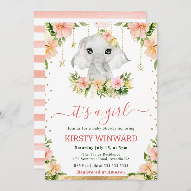Invitación Baby Shower Chica de Elefante Floral Watercolor (Anverso / Reverso)
