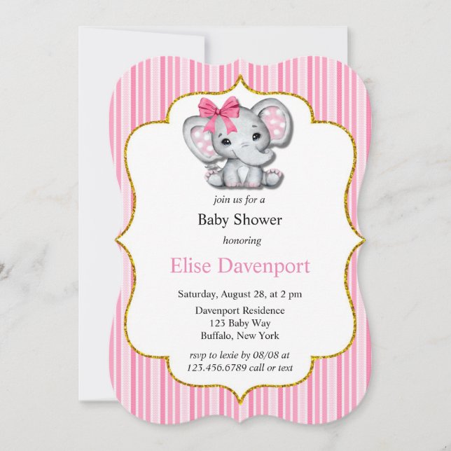 Invitación Baby Shower Chica de Elefante Gris Rosa (Anverso)