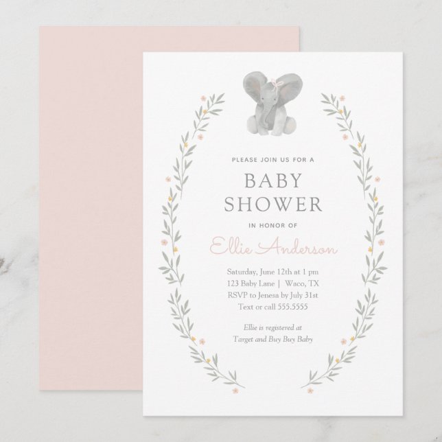 Invitación Baby Shower Chica de Elefante Rosa Floral Greenera (Anverso / Reverso)
